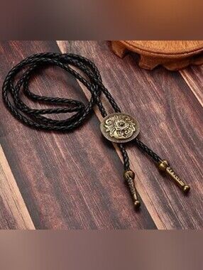 Western Cowboy Cowgirl gold round Floral Scroll leather bolo tie